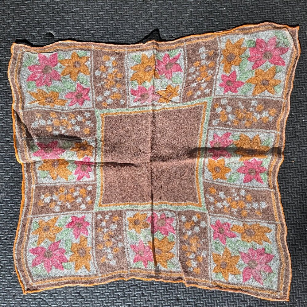 vintage 70s sheer handkerchief floral orange brown 12" x 12" rolled hem scarf